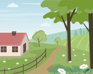 Obraz premium Countryside spring landscape with trees, flowers and house.