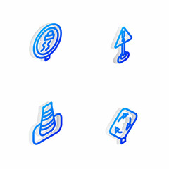 Set Isometric line Exclamation mark in triangle, Slippery road traffic, Traffic cone and Roundabout sign icon. Vector