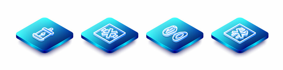 Set Isometric line Ramadan Kareem lantern, No sweets, Date fruit and fasting icon. Vector