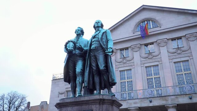 Goethe and Schiller Monument in front of Historical Theatre in Weimar