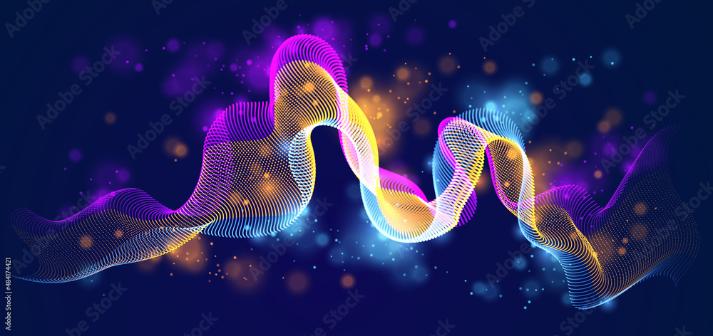 Poster 3d particles mesh array, sound wave flowing over dark background. shining points vector effect illus