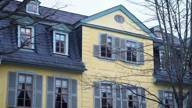 Details of the Yellow Facade of Historical Schiller House in Weimar