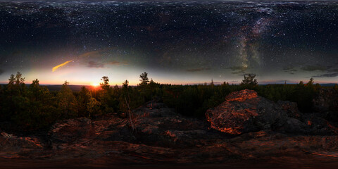 Dawn in the forest under the starry sky a milky way. 360 vr degree spherical panorama