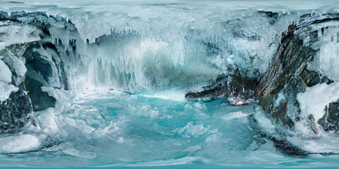 Ice cave grotto on Olkhon Island, Lake Baikal, covered with icicles. Spherical panorama 360vr. shamanka