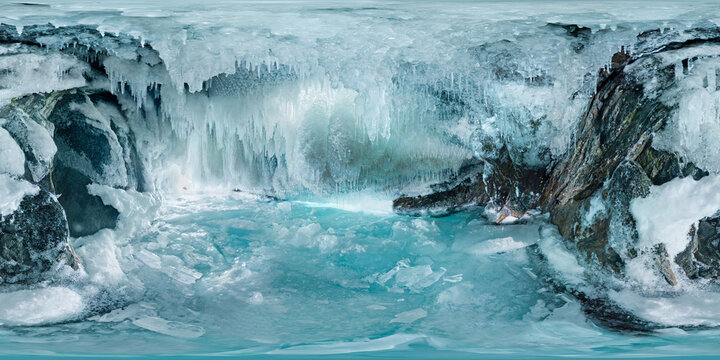 Ice cave grotto on Olkhon Island, Lake Baikal, covered with icicles. Spherical panorama 360vr. shamanka