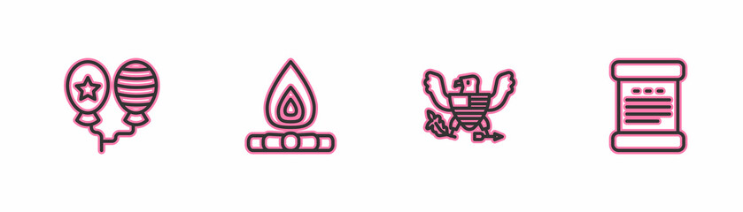 Set line Balloons, Eagle, Campfire and Declaration of independence icon. Vector