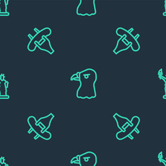 Set line Eagle head, Sausage on the fork and Statue of Liberty on seamless pattern. Vector