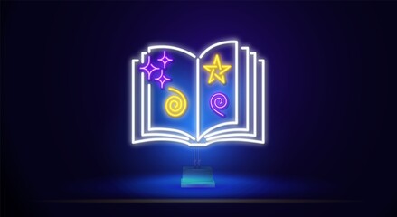 Neon sign with a magic open book . Various icons in the book. Night bright advertising. Vector illustration in neon style for literature and library