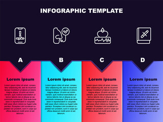 Set line No smoking, Healthy breathing, Heartbeat increase and Book with stop cigarette. Business infographic template. Vector