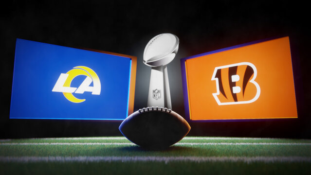 Super Bowl LVI championship game on February 13, 2022. Los Angeles Rams vs. Cincinnati Bengals. Editorial 3D render