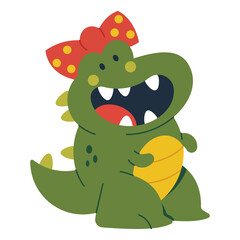 Cute girl dinosaur with red bow vector cartoon character illustration isolated on a white background.