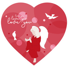Vector illustration of an angel in a red heart, happy valentine's day, love you