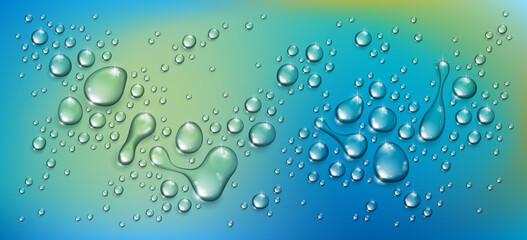 Water rain drops or condensation over blurred green nature background beyond the window, realistic transparent 3d vector illustration, easy to put over any background.