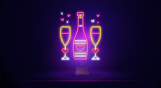 Neon sign with a bottle of wine and glasses. A glowing neon bottle of wine and glasses with hearts . Vector illustration can be used for romance, love, dinner, dating