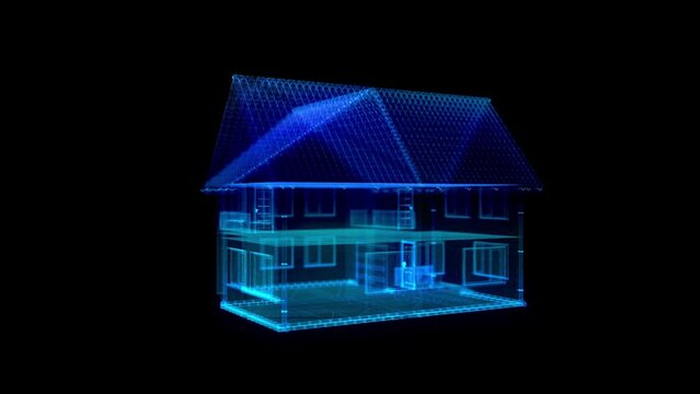 Home. Digital protection of smart home system. Technology house particles background.