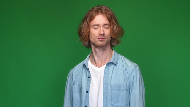 Frustrated guy ask be quiet speechless isolated vivid color background