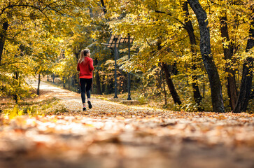 Rear view of young woman running in park.