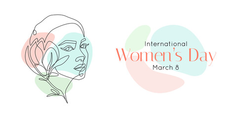 International women's day greeting card. Woman face with flower in one continuous line drawing. Abstract female portrait in simple linear style. Doodle Vector illustration for 8 march