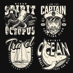 Vintage marine emblems with whale and octopus, ship and sea captain head with smoking pipe in monochrome style. Emblem for t-shirts isolated vector