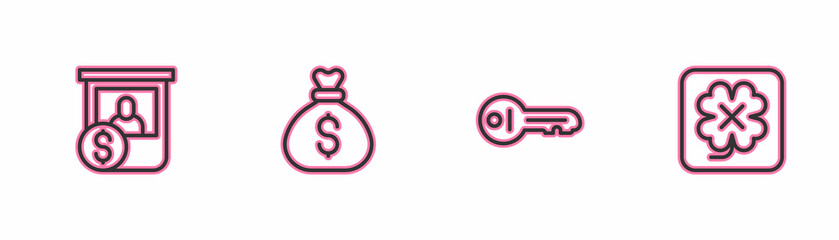 Set line Casino chips exchange, Old key, Money bag and slot machine icon. Vector