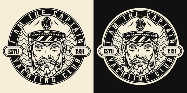 Monochrome sailor smoking pipe, marine label with sea captain hat isolated vintage vector