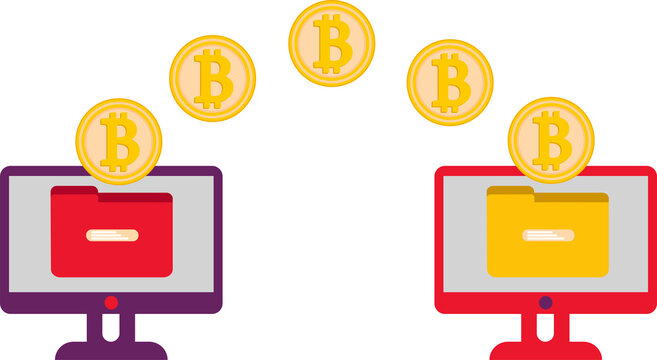 The concept of cryptocurrency. Vector image on a white background. Transfer of bitcoin from computer to computer. Online translation.