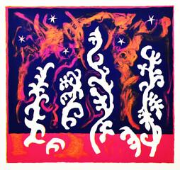 An abstract drawing with figures resembling dancing flowers in blue, yellow, pink and black in the Fauvism style.