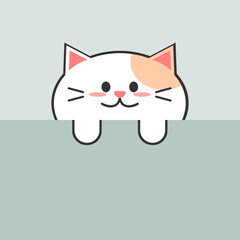 Cute lovely white cat hanging paws on the wall flat vector icon.