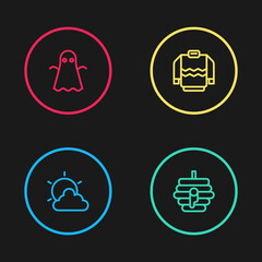 Fototapeta premium Set line Sun and cloud weather, Hive for bees, Sweater and Ghost icon. Vector