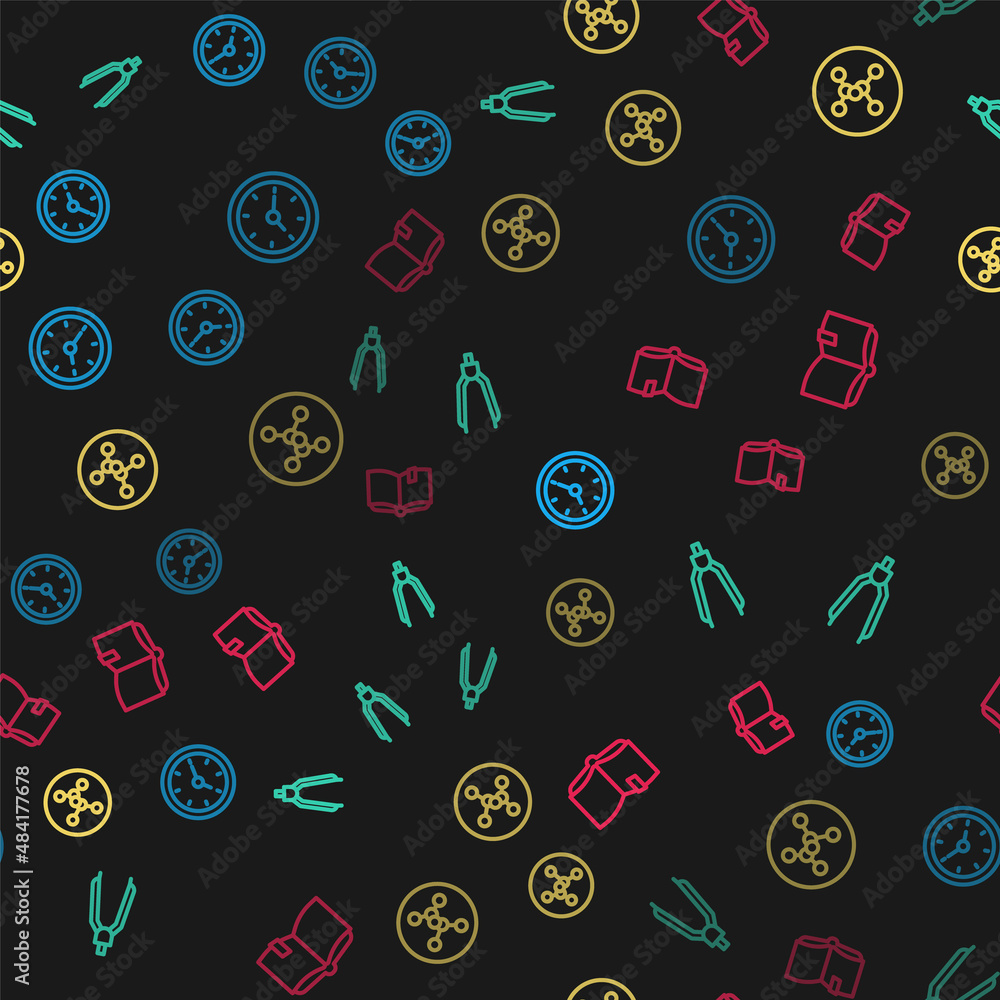 Poster set line clock, drawing compass, chemical formula and open book on seamless pattern. vector