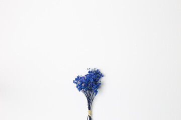 Bunch of blue gypsophila dry flowers on white background. top view, copy space
