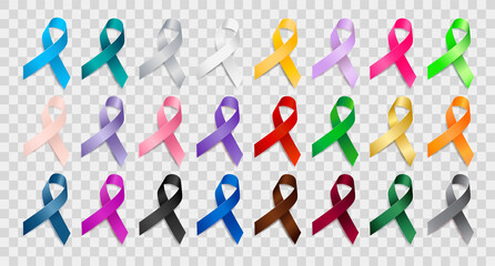 Set of realistic different color ribbon awareness ribbons. Elements for design. Vector ribbon various colors isolated on white background