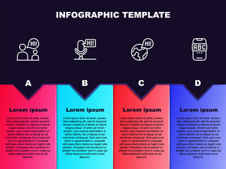 Set line Two sitting men talking, Microphone voice device, Learning foreign languages and Foreign online study. Business infographic template. Vector