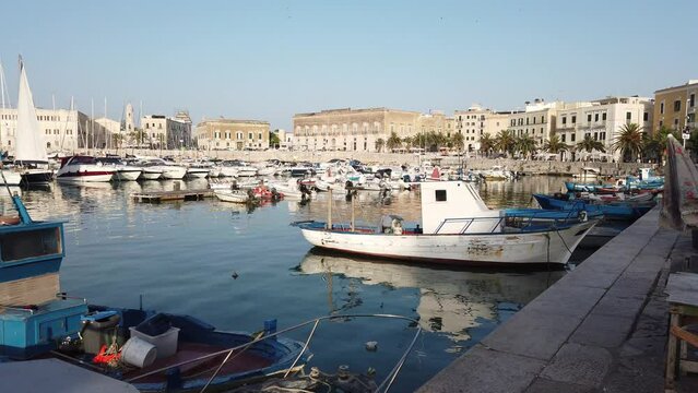 ITALY, TRANI, 2019, June 10th; Old tow, and historical city with fishmarket, Restaurants  of tranii, Puglia, Southern Italy, Italy.