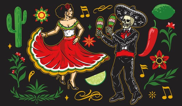 Mexican characters vintage stickers set
