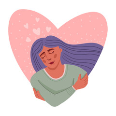 Fototapeta premium Illustration of a girl hugging herself. Love, care and self-acceptance. Mental health. Simple cute style.