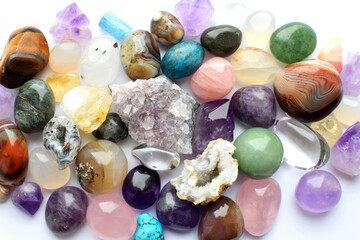 Gems of different colors. Amethyst, rose quartz, agate, apatite, aventurine, olivine, turquoise,...