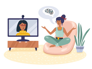 Illustration of an online psychotherapy session. The girl in the chair in front of the monitor. A conversation with a doctor. Simple cute style.