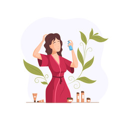 Female applying skincare hydration lotion, doing makeup use beauty spa cosmetics vector cartoon