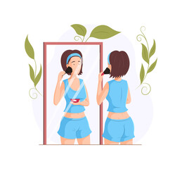 Female doing makeup use beauty spa cosmetics vector cartoon