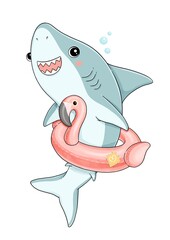 Cute little baby shark with flamingo rubber ring
