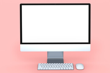 Realistic grey computer screen display with keyboard and mouse isolated on pink