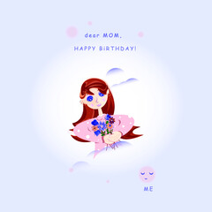 Card devoted to mother's birthday, a vector girl holding a flower bouquet and congratulating her mommy with b-day, a young daughter with flowers who is going to gift them to her mom. 