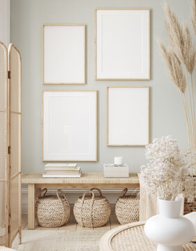 Mockup frame in interior background, room in light pastel colors, Scandi-Boho style, 3d render