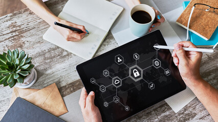 Data security, cyber protection, information privacy concept on device screen.