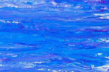 Mixed blue acrylic texture background with ink stains, spots. Acrylic hand painted backdrop