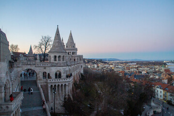 Fototapeta na wymiar View over the city from the Fisherman's Bastion at sunset, in winter. Budapest, Hungary.