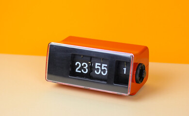 Vintage Clock retro Flip Alarm Clock watch 1970 object isolated mid century space age too late counter old aged  used 60s summer 3D background mechanism technical calendar orange red analog digital 