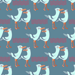 Cute seagull and wave. Seamless pattern with cartoon birds. Vector.
