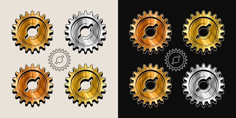 Gold, brass, copper, steel polished gears in vintage style. Base shape of gears with editable strokes. Good for decoration in steampunk style. Vector.